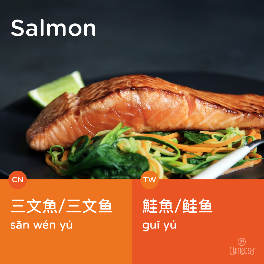 Salmon: 三文鱼 in China and 鮭魚 in Taiwan